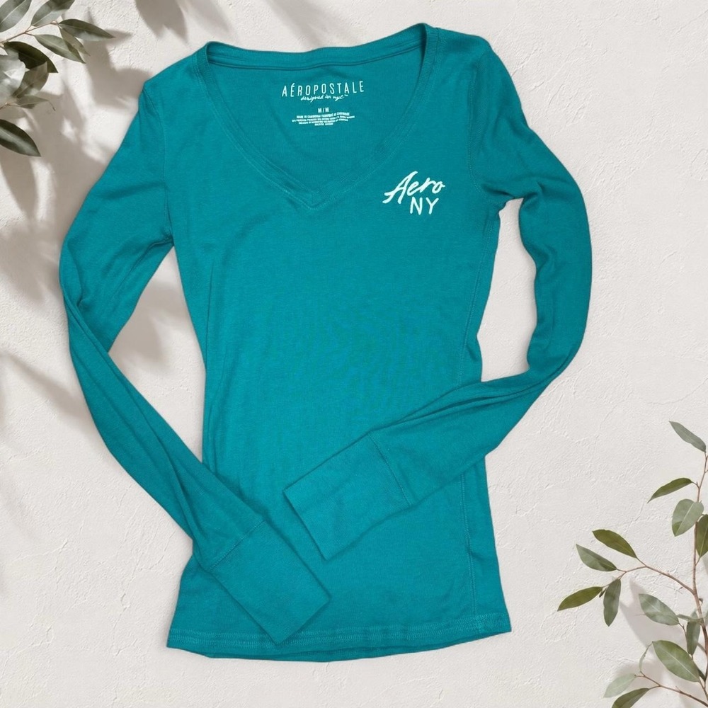 2000s? Aéropostale Teal Long Sleeve V-Neck Aero NY Shirt